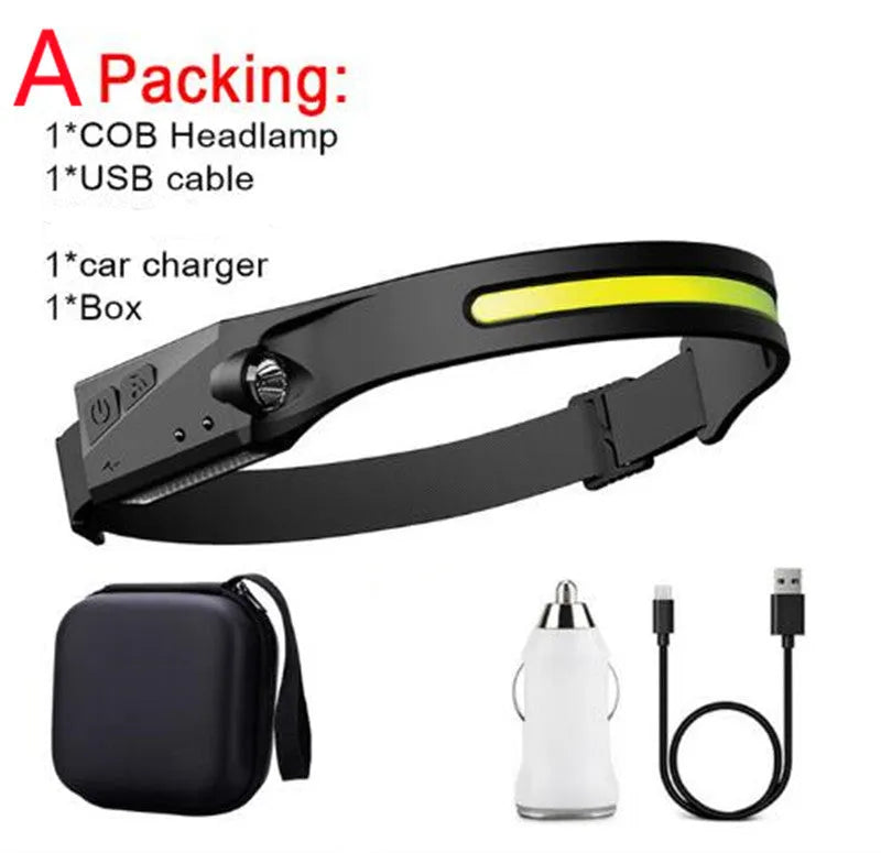 Black silicone USB rechargeable LED headlamp with side wave sensor, showing wide beam and long-range lighting.