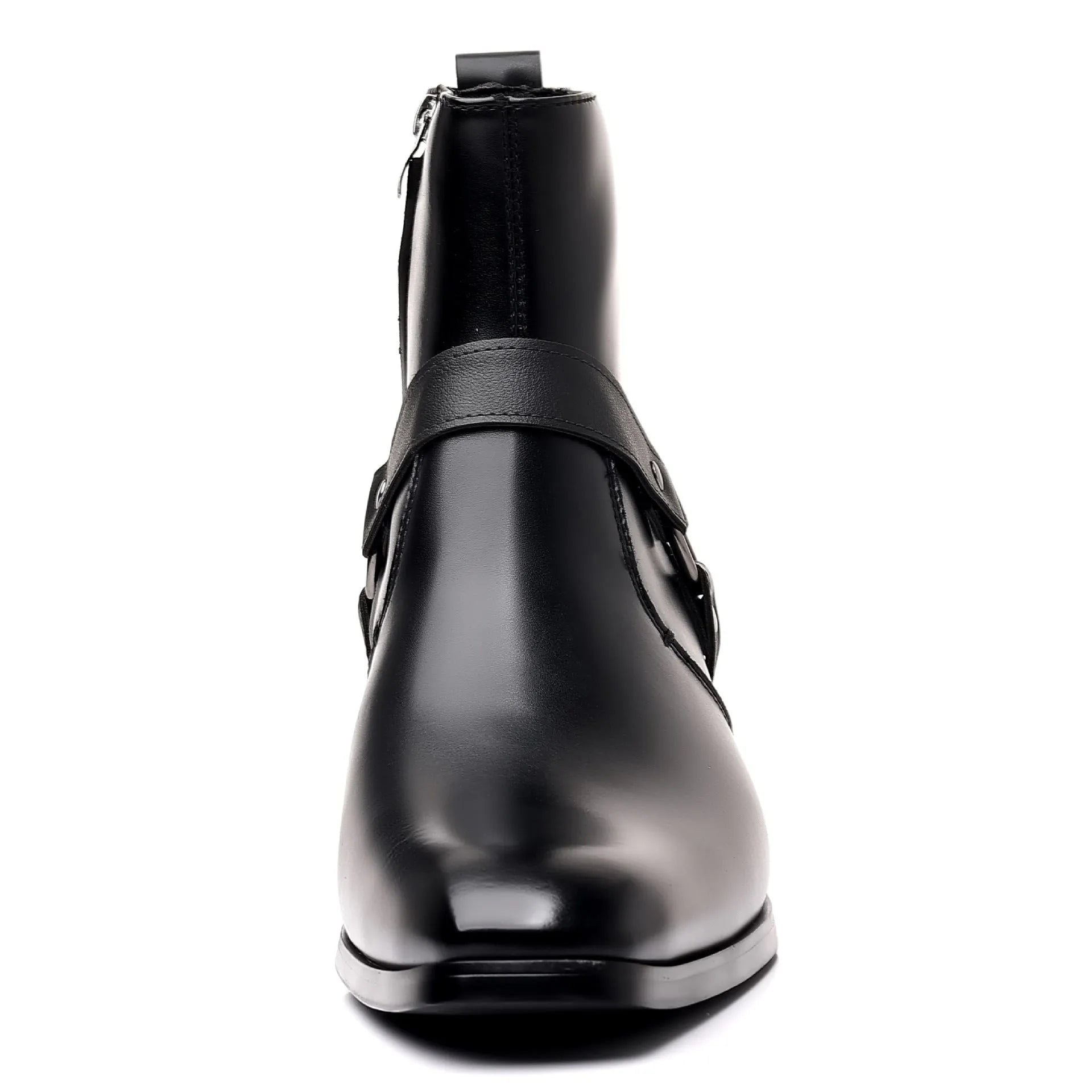 Black chain ankle boots with side zipper, square toe, and rivet details on a frosted artificial PU upper.