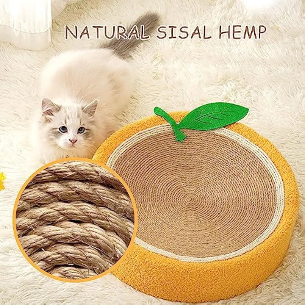Orange circular cat scratching board with sisal surface and slightly concave centre for sleeping