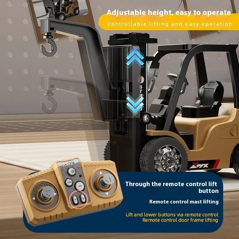 Mini alloy remote control forklift model with cargo pallet and hook on a table.