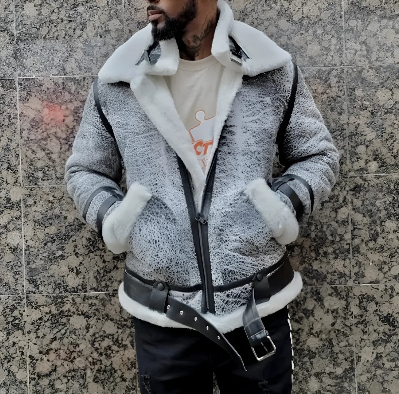 Men's grey polyester jacket with big fur collar, loose fit, zip front, available in sizes S to 5XL