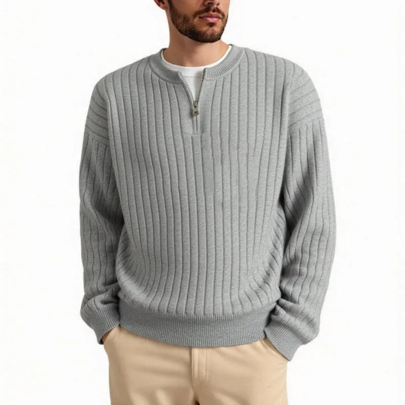 Men's grey half zip pullover sweater with texture knitting and loose fit design