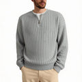Men's grey half zip pullover sweater with texture knitting and loose fit design