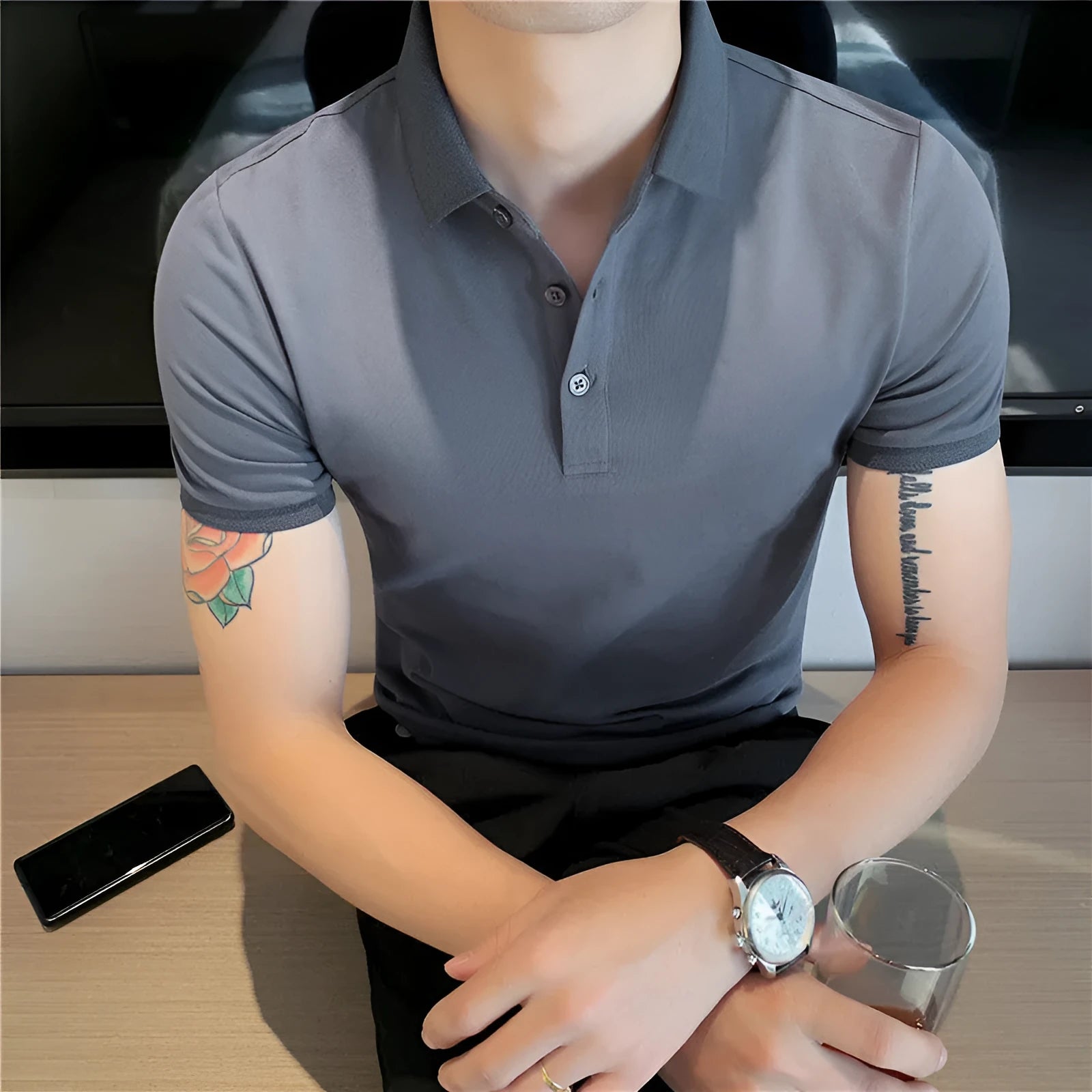 Korean-style tight fit cotton blend polo shirt in apricot colour with short sleeves and lapels