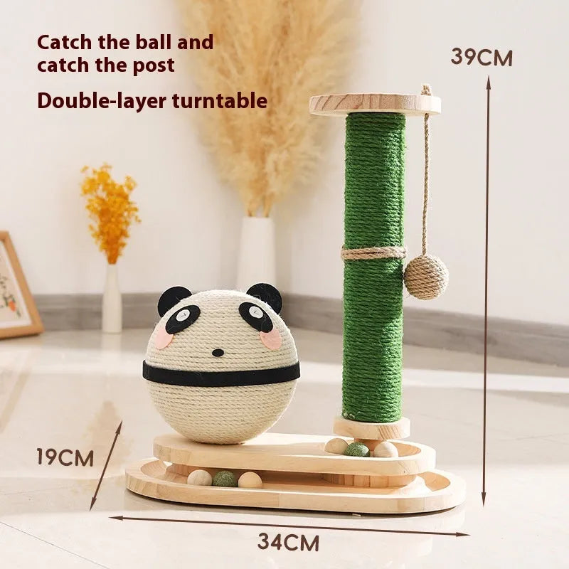 Solid wood cat scratch board with a rotating centre turntable and a stuffed ball in a cat suit design.