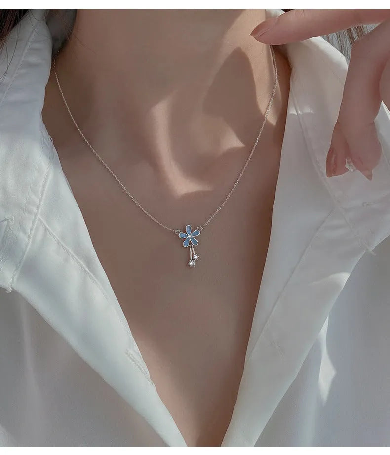 S999 pure silver flower pendant necklace with white nano anti-oxidation finish on cross chain