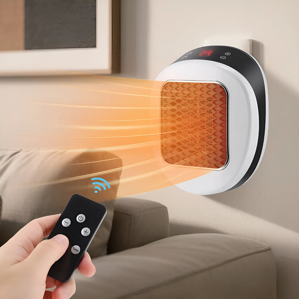 White portable ceramic electric heater with remote control on table
