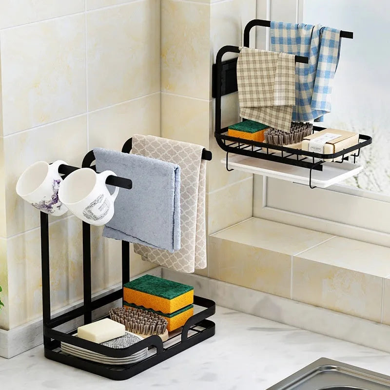 White plastic foldable kitchen rack for draining rags with wall mount and desktop options