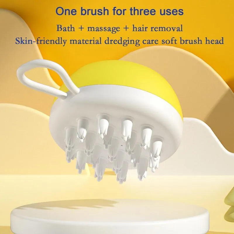 Blue 3-in-1 dog shampoo brush with silicone massage head and non-slip handle for bath time.