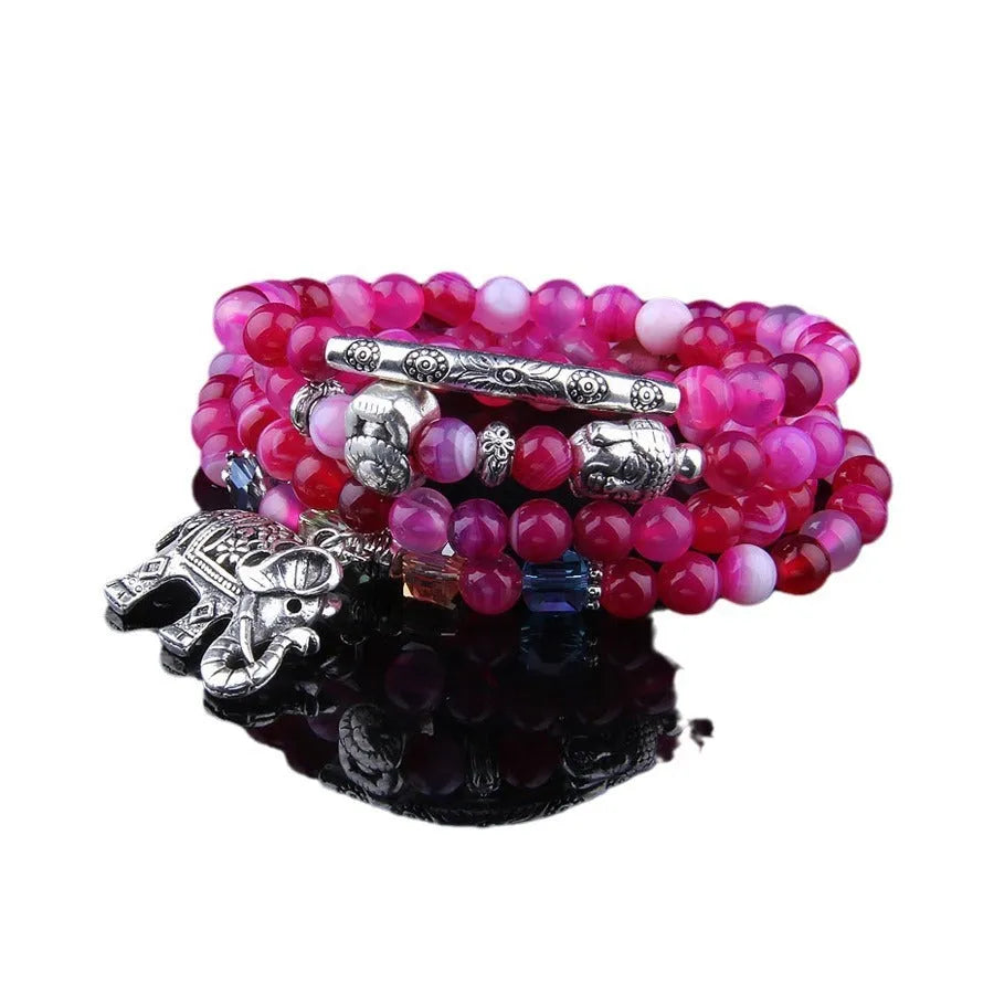 Multi-layer agate bracelet with Elephant pattern on 6mm beads in blue, green, red, or purple