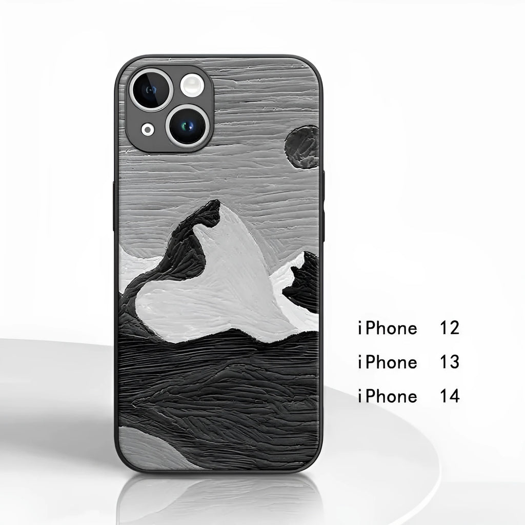 Black and White Mountains patterned silicone phone case with magnetic adsorption for Apple iPhone 11-16 series