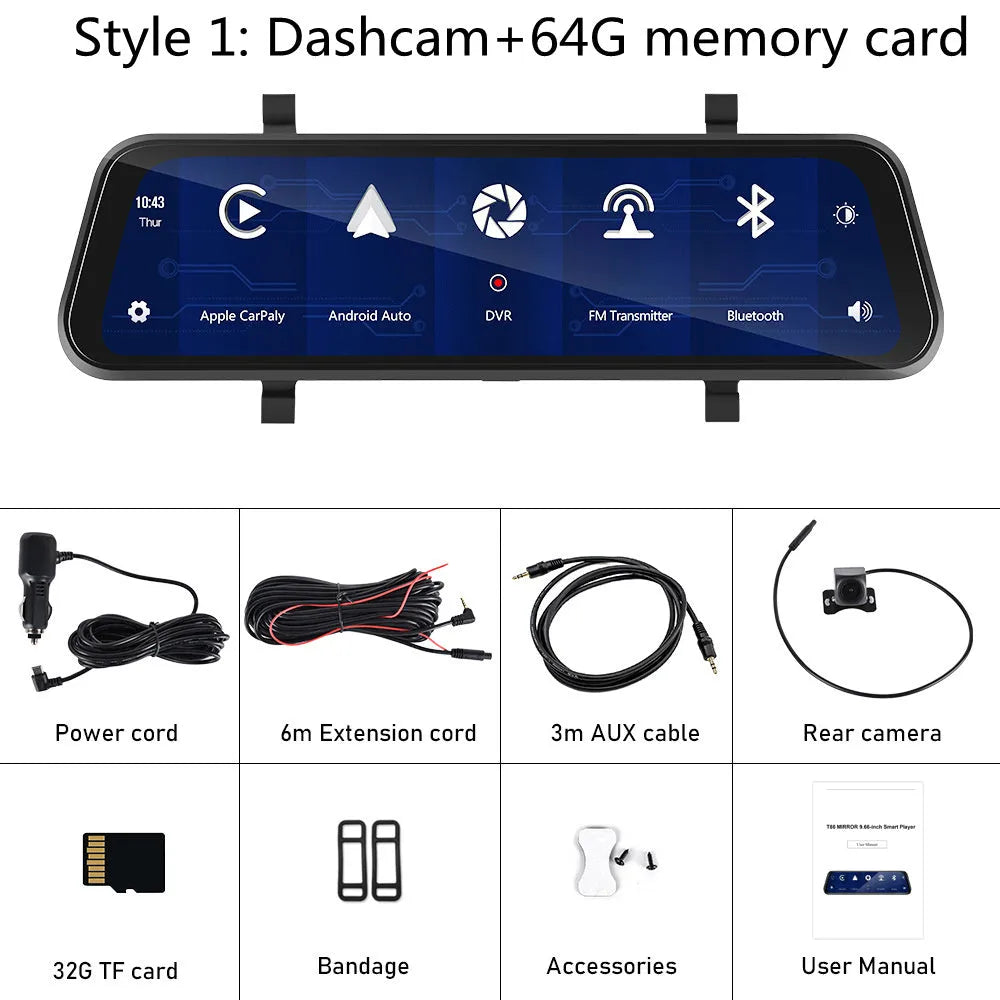 9.66-inch in-mirror driving recorder and video player mounted in a car