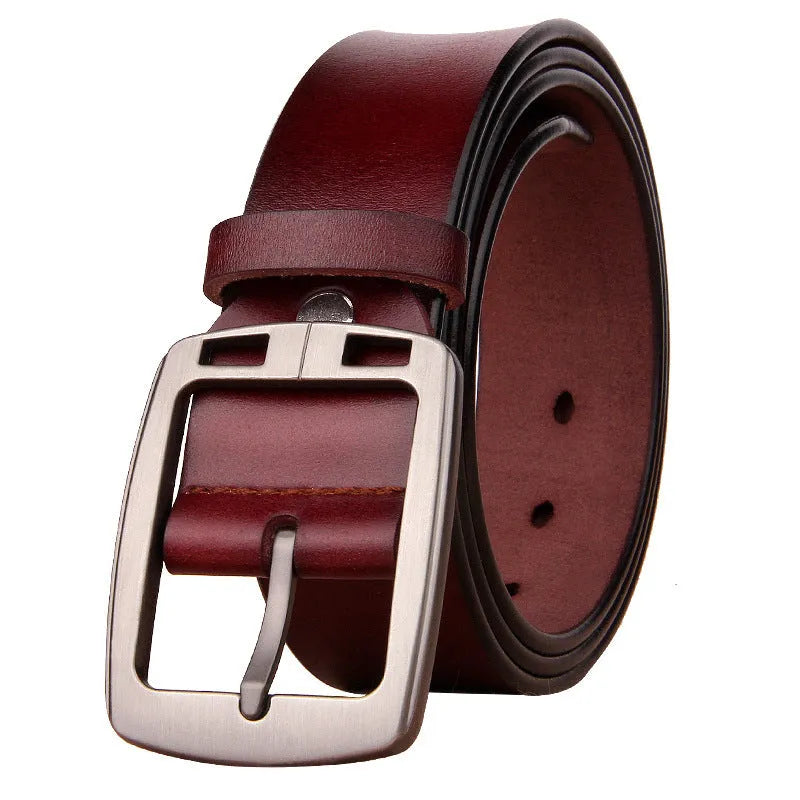Men's antique pin buckle cowhide belt in black with electroplated buckle