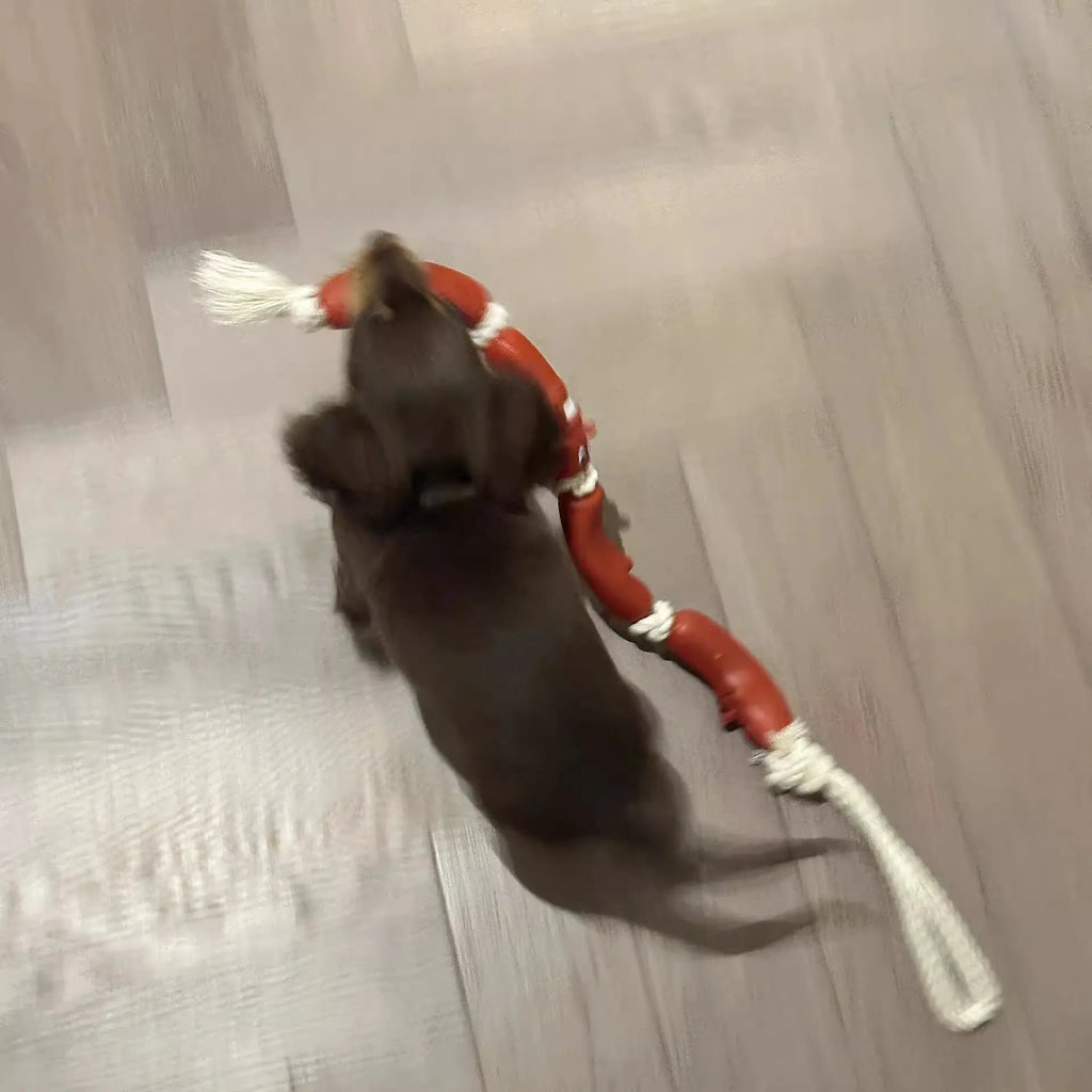Brown nylon cat toy leash with large sausage segments and a black grip tape handle, shown at full 108cm length.
