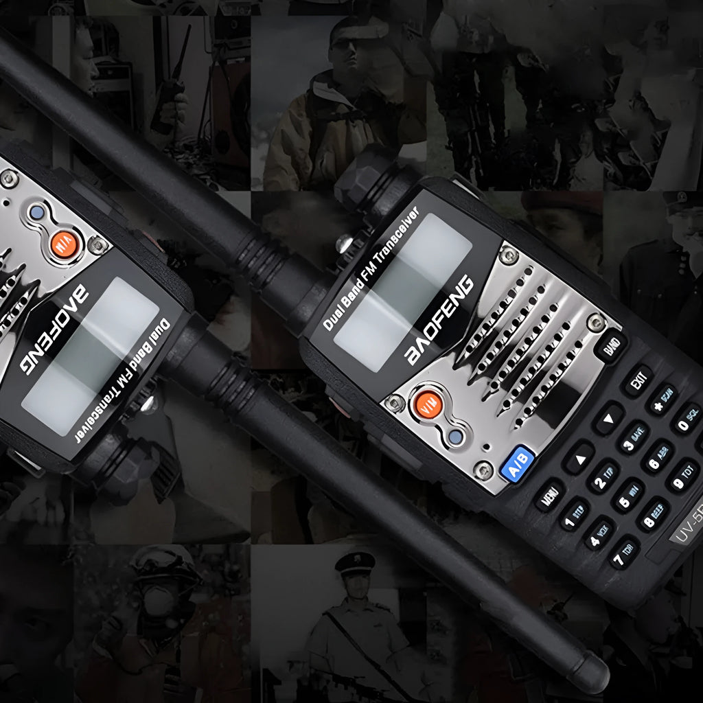 Baofeng UV-5RA dual band dual frequency two-way radio with black casing and dual display screen