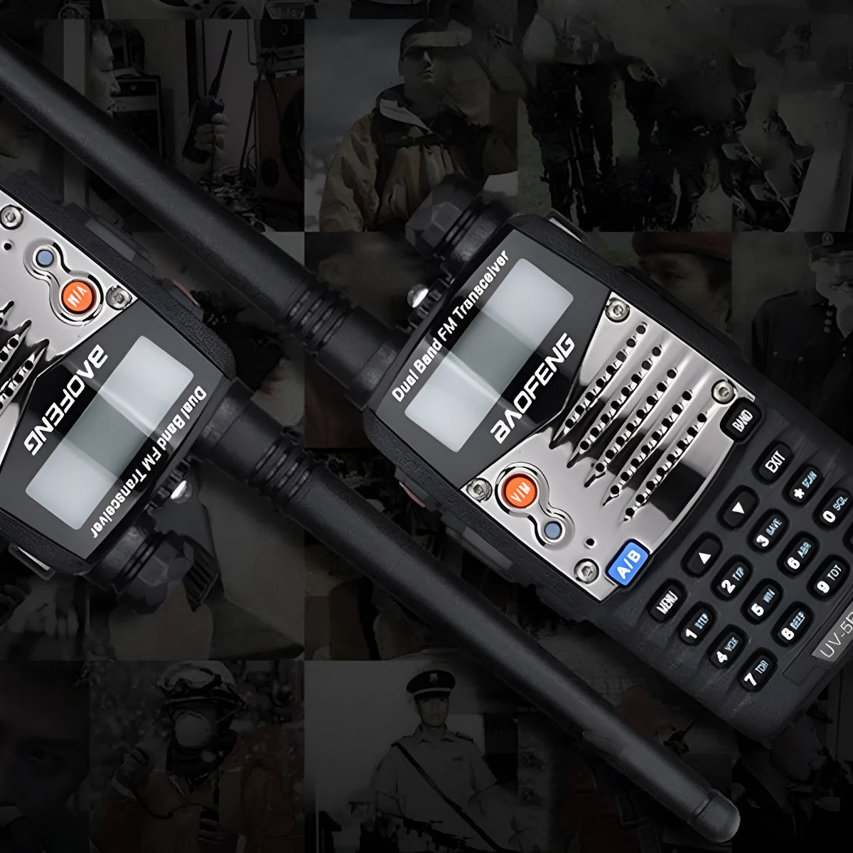 Baofeng UV-5RA dual band dual frequency two-way radio with black casing and dual display screen