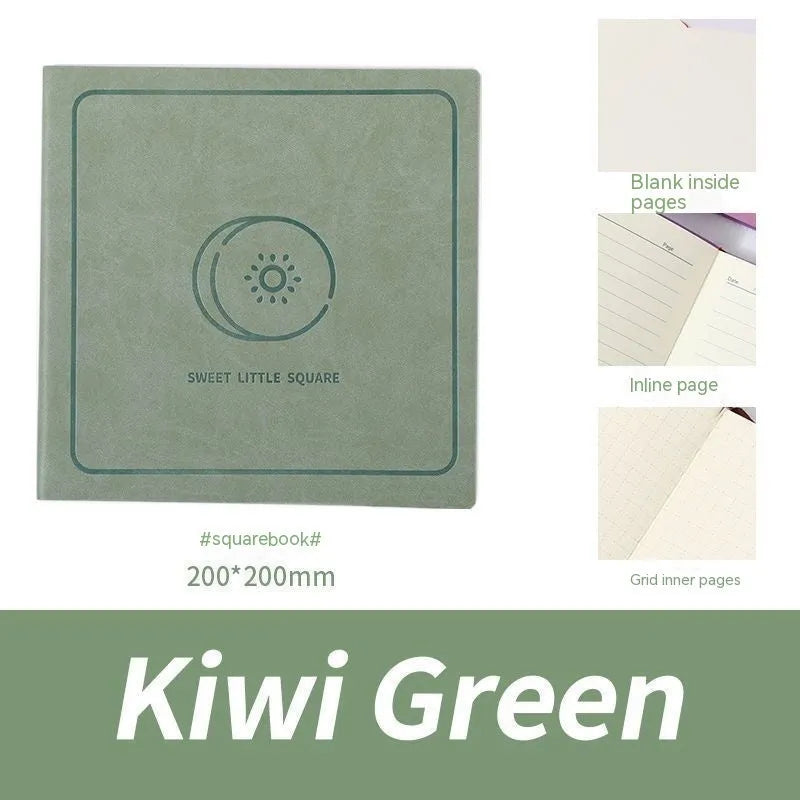 Square faux leather notebook with mesh cover, shown open on blank, checkered, and lined page options.