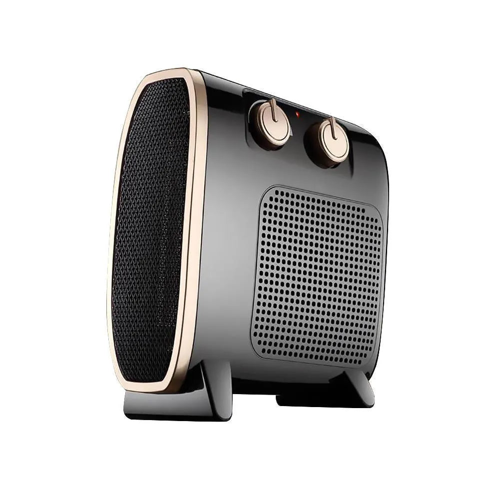 White and black gold electric fan heater with mechanical control dials on the front.