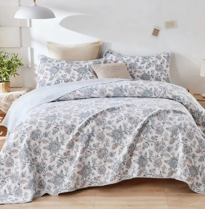 All cotton three-piece quilted bed cover set with plant and flower pattern 230x250cm American style