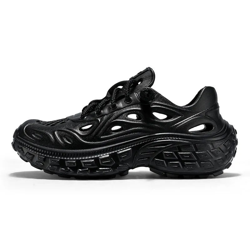 Men's Army Green EVA sandals with thick sole, covered heel, and hollow-out design.