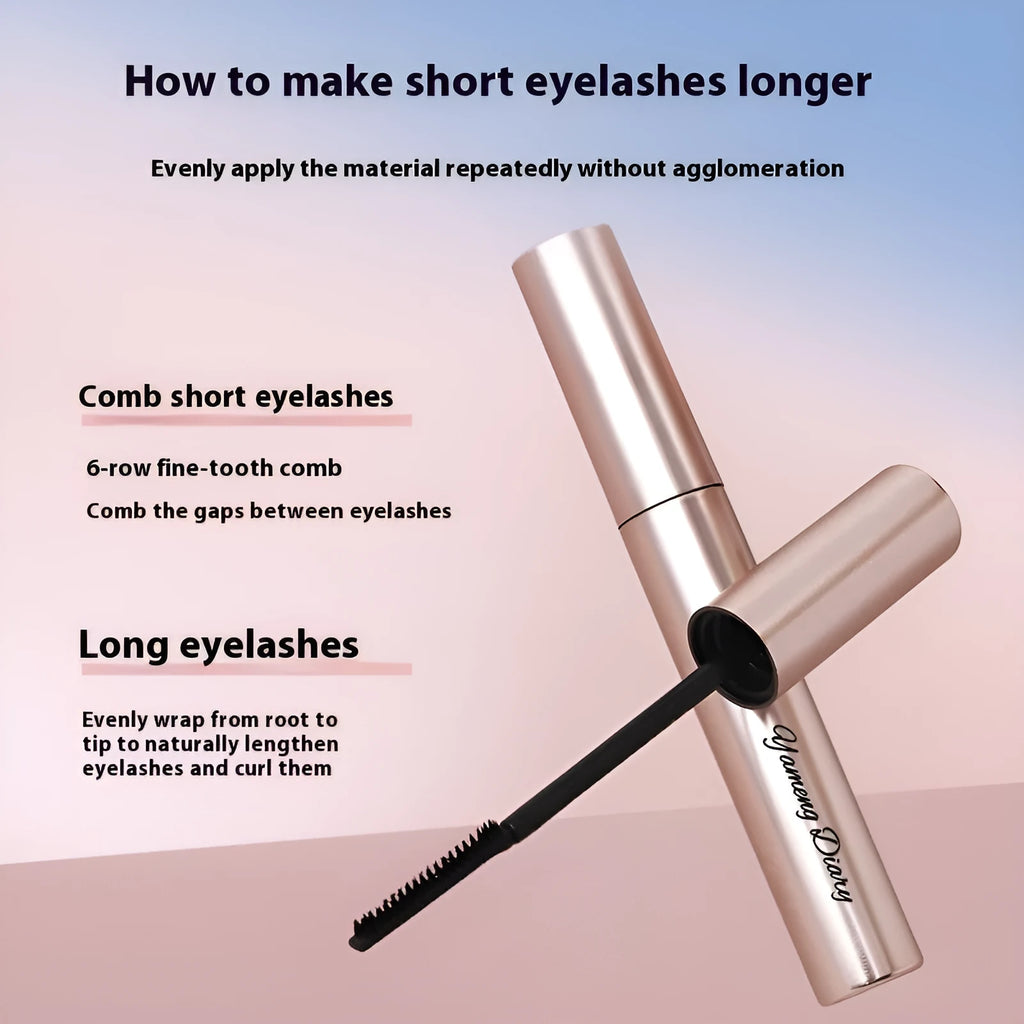 Long curling mascara tube with applicator brush in black or brown colour options for eyelash definition