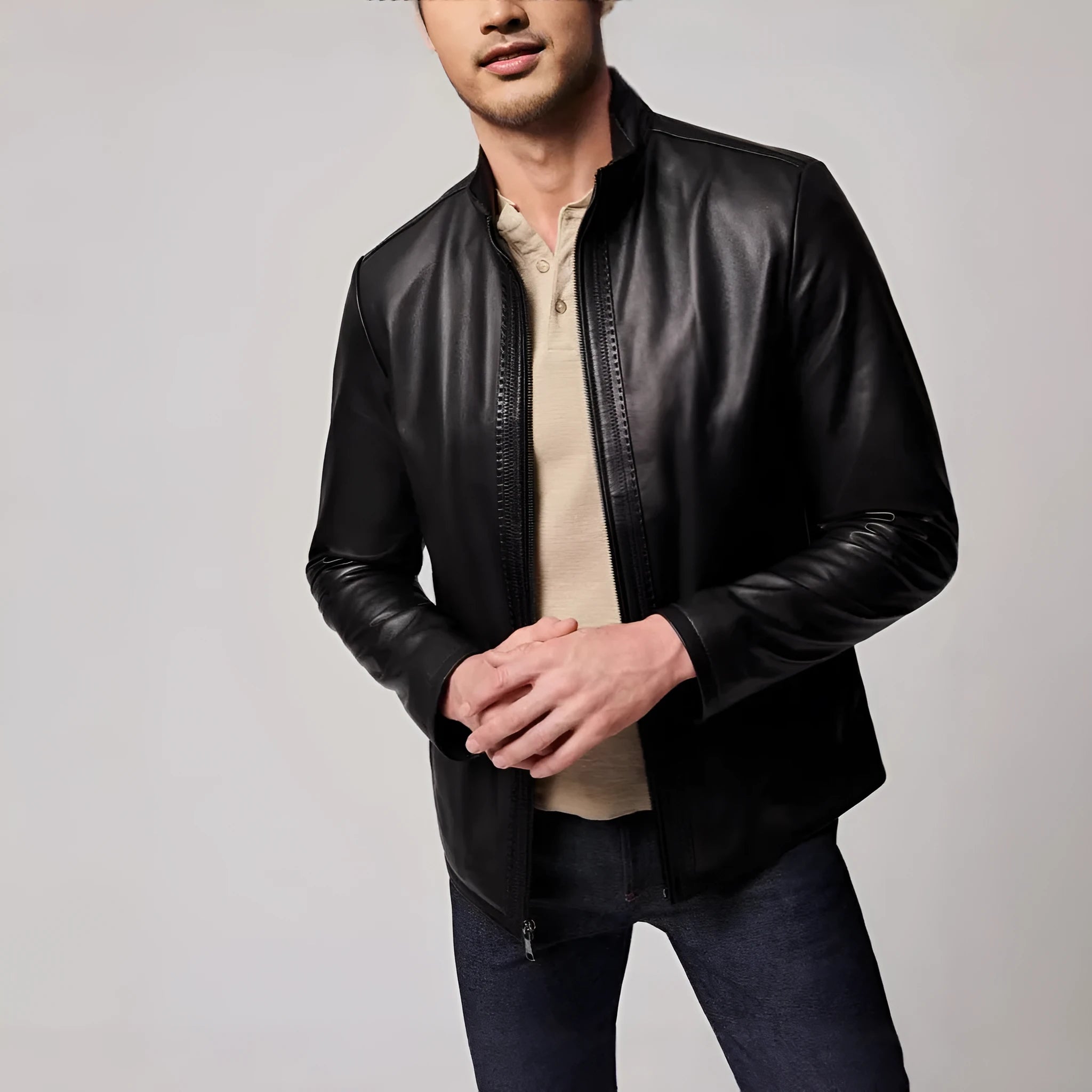 Black men's American retro style leather jacket made from polyester fabric with long sleeves and straight hem