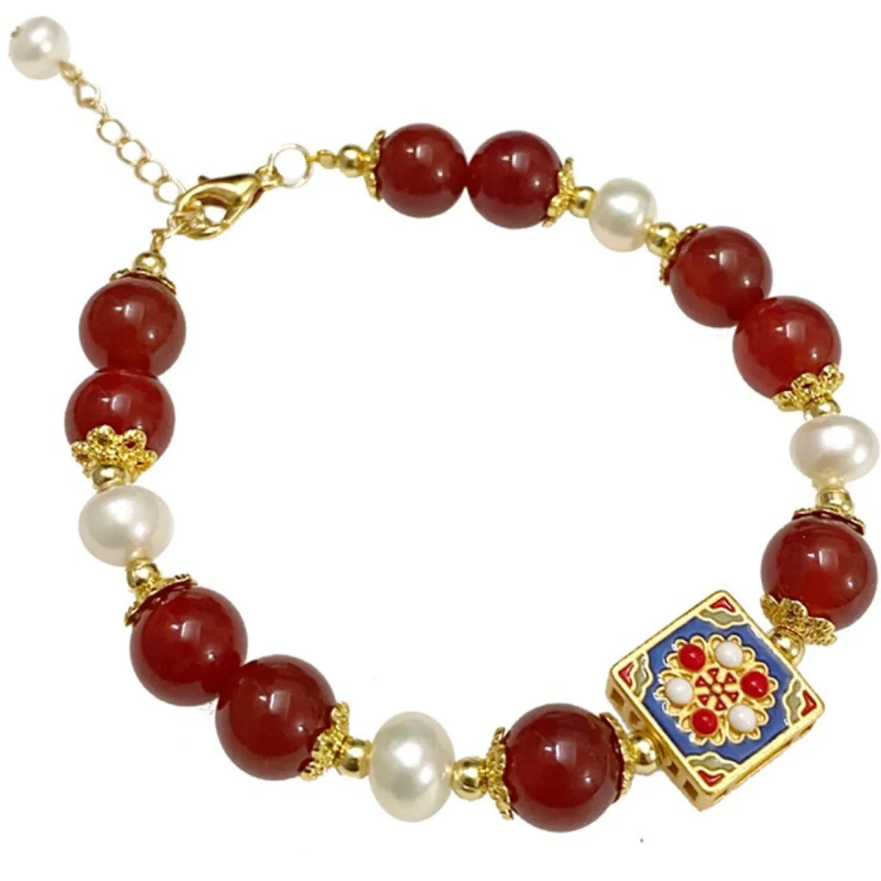Red agate and pearl women's bracelet with constellation design on a wrist.