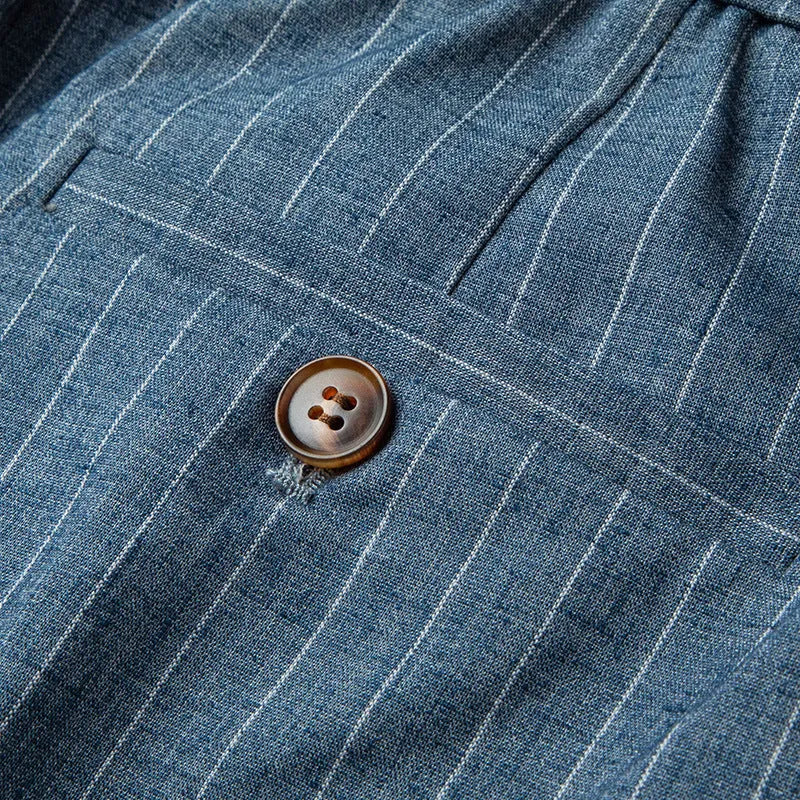 Men's casual linen striped trousers in blue gray, showing elasticated waist and straight leg