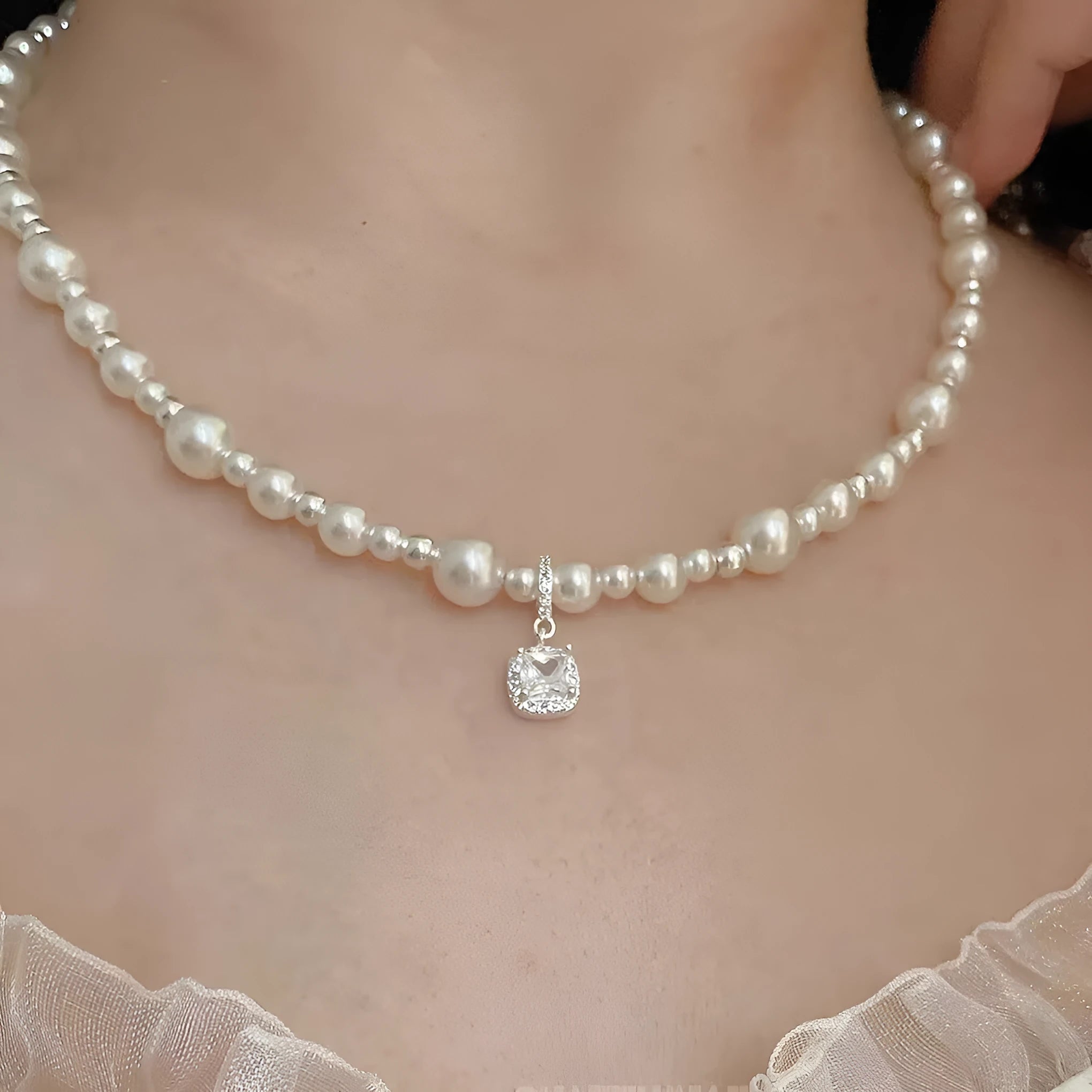 Cube sugar pearl necklace Korean style star pendant clavicle chain for women copper electroplated