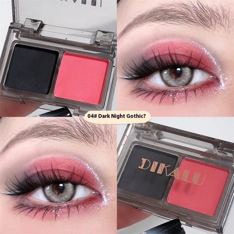 DIKALU two-tone eyeshadow compact showing pink and black shades with matte and shimmer finishes.