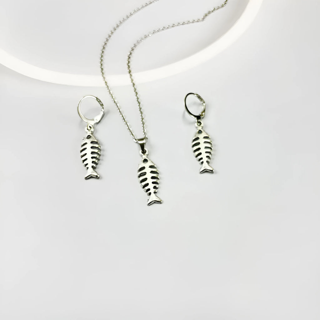 Retro fishbone pendant necklace and earrings set with adjustable alloy chain on a white background