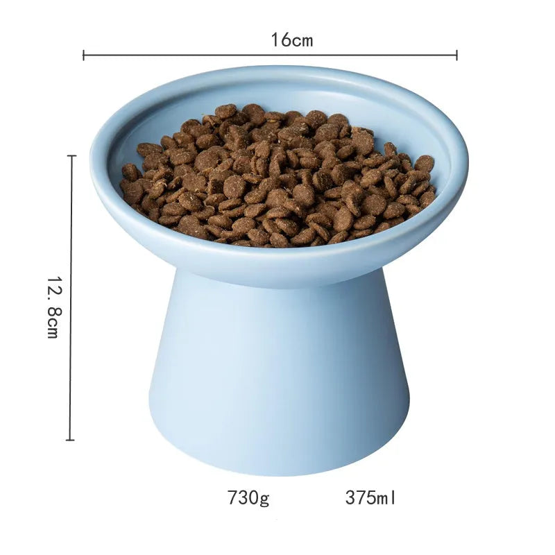 Ceramic elevated cat food bowl with wide shallow design in blue colour