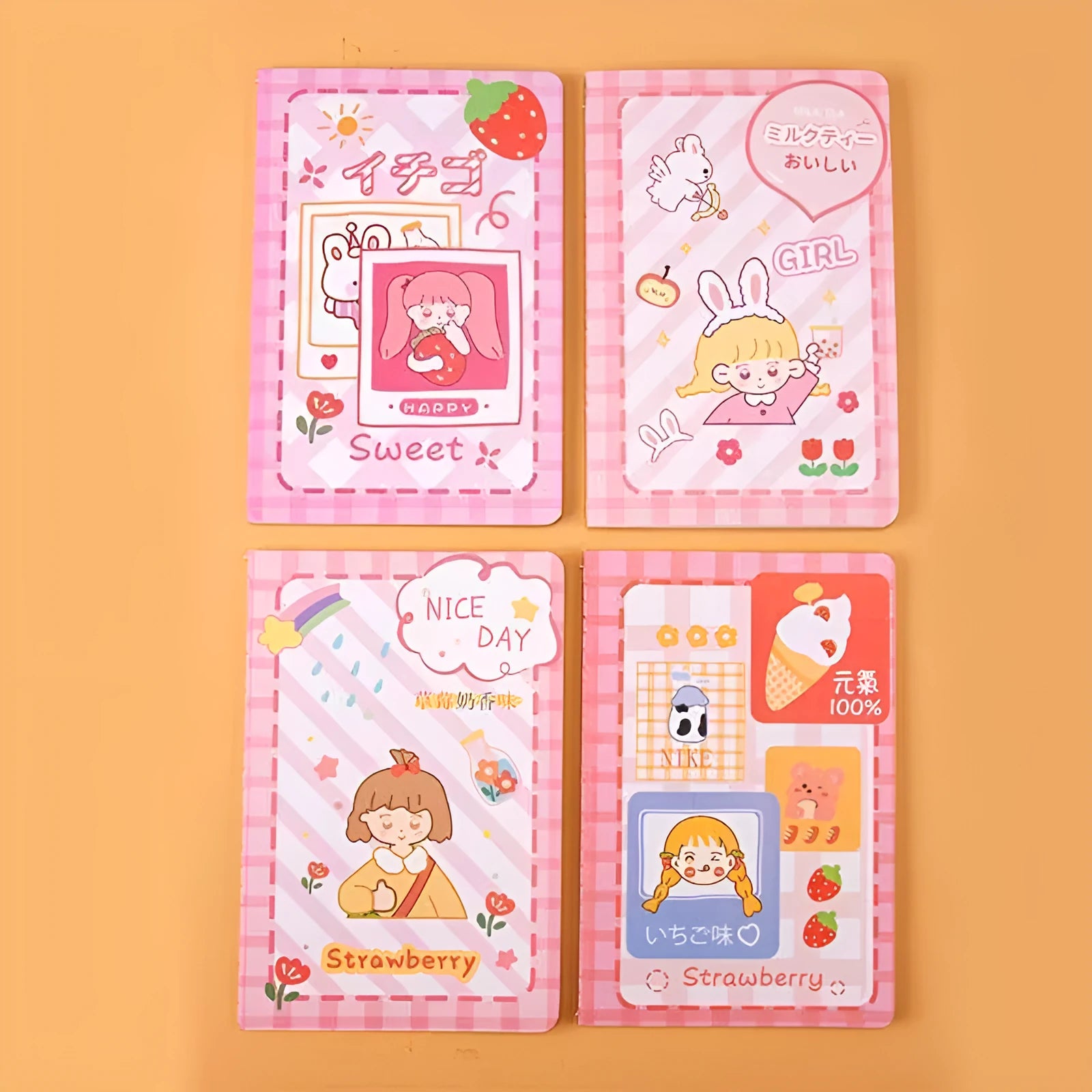 Cartoon A5 notebook with 30 sheets, showing cover design options like Cute Bear and Strawberry Rabbit.