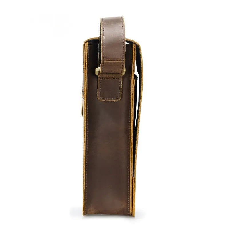 Vintage brown genuine cowhide leather men's crossbody bag with geometric pattern on shoulder strap