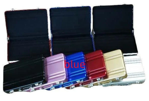 Aluminium alloy metal card holder in six colour options showing compact 100x65mm dimensions