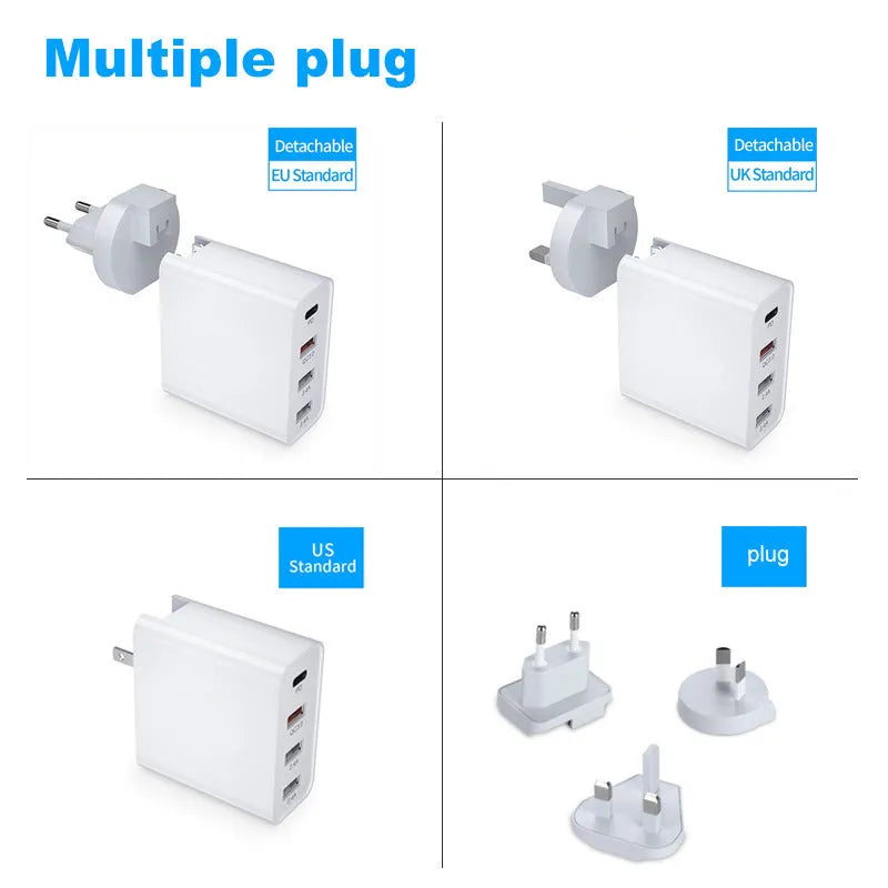 Fast charge mobile phone charger with multiple USB ports in black or white with international plug options