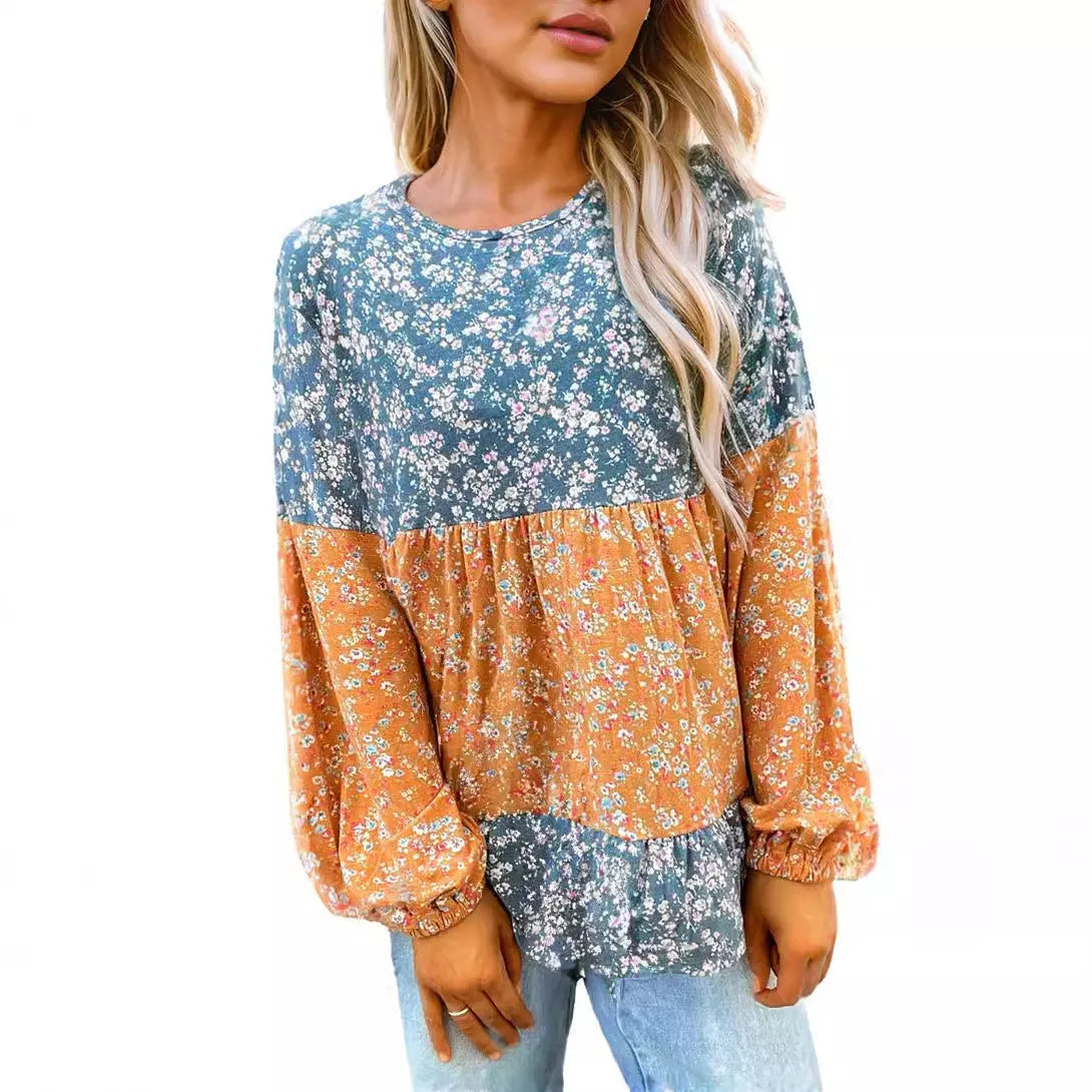 Women's digital printed floral chiffon shirt in orange with contrast colour, loose pullover style, round neck