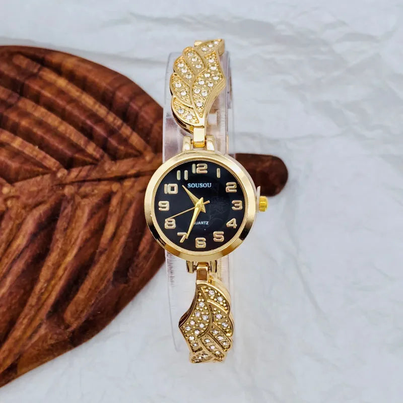 Ladies stainless steel watch with round dial and 9mm thickness in gold, black gold, or white gold