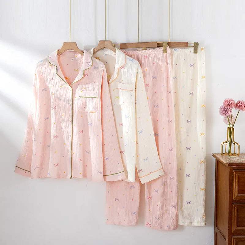 Women's cotton crepe pajama set in pink with long sleeves and full-length trousers