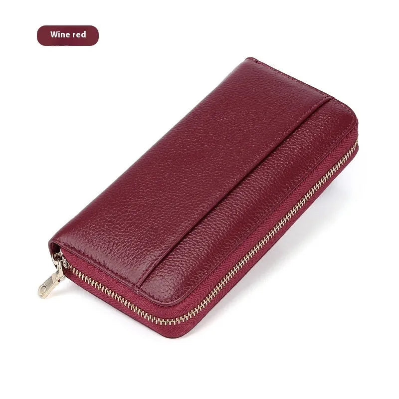 Long genuine leather women's wallet in a choice of six colours, showing large capacity and anti-theft card feature.