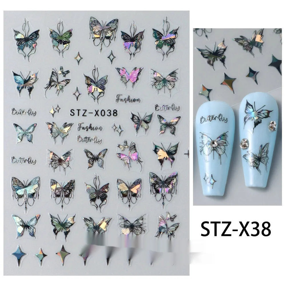 Black and silver stripe nail art sticker with a love pattern design on a plastic sheet.