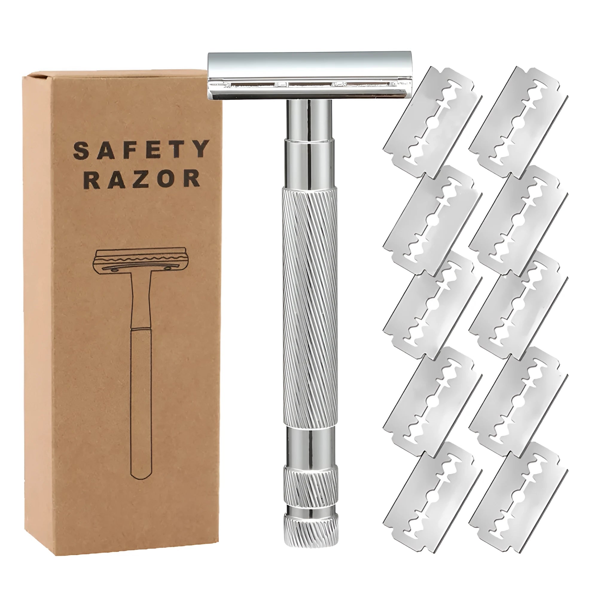 Manual double-sided safety razor with alloy handle, shown with replacement blades on a towel.