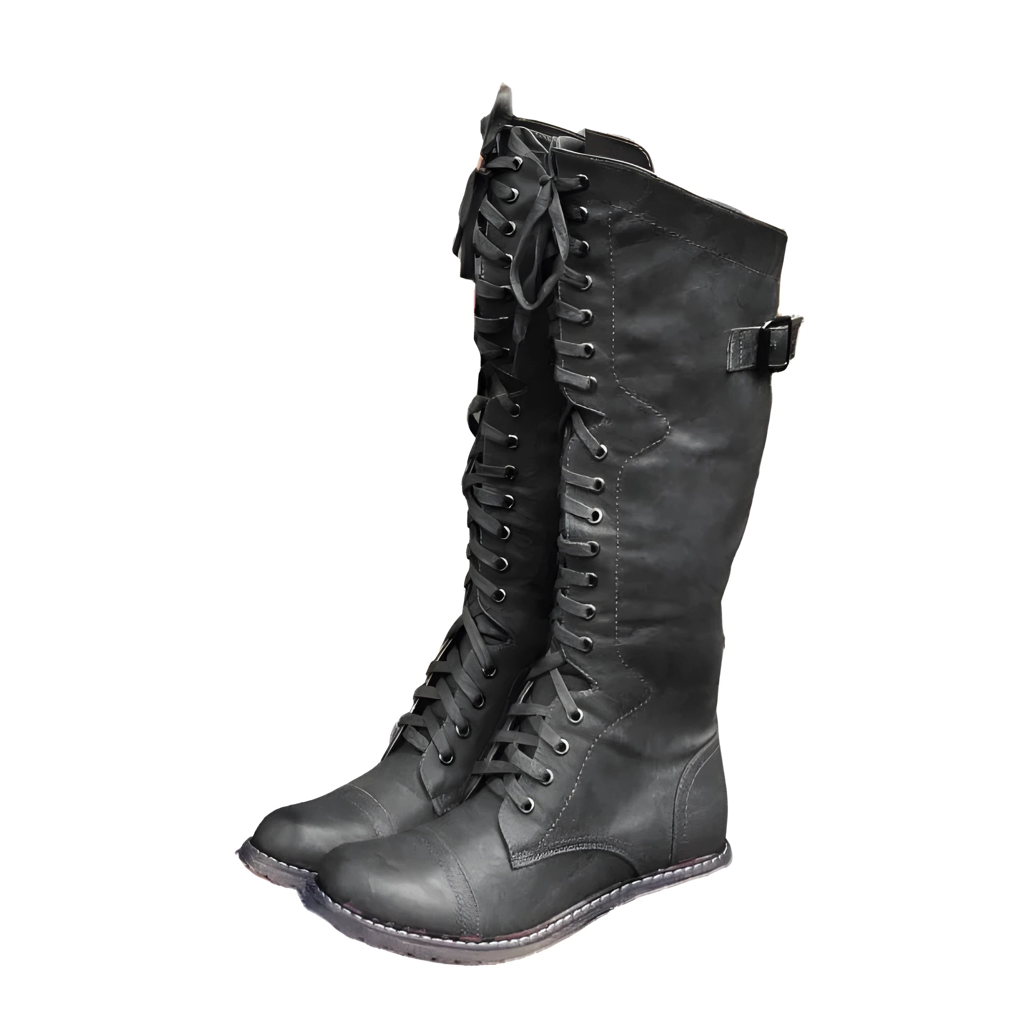 Women's black cross strap knight boots with PU upper material shown from multiple angles