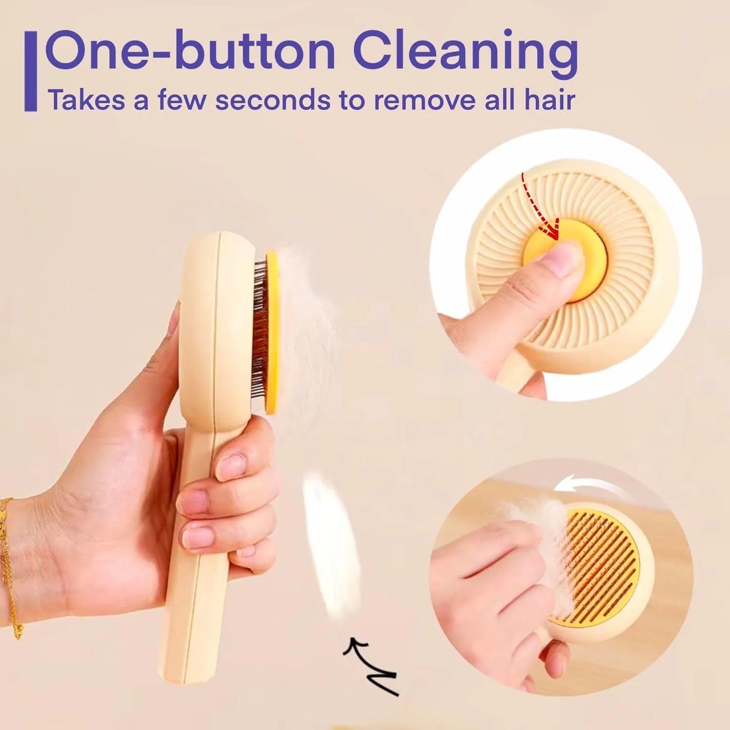 Blue pet grooming brush with angled metal needles and self-cleaning button on handle