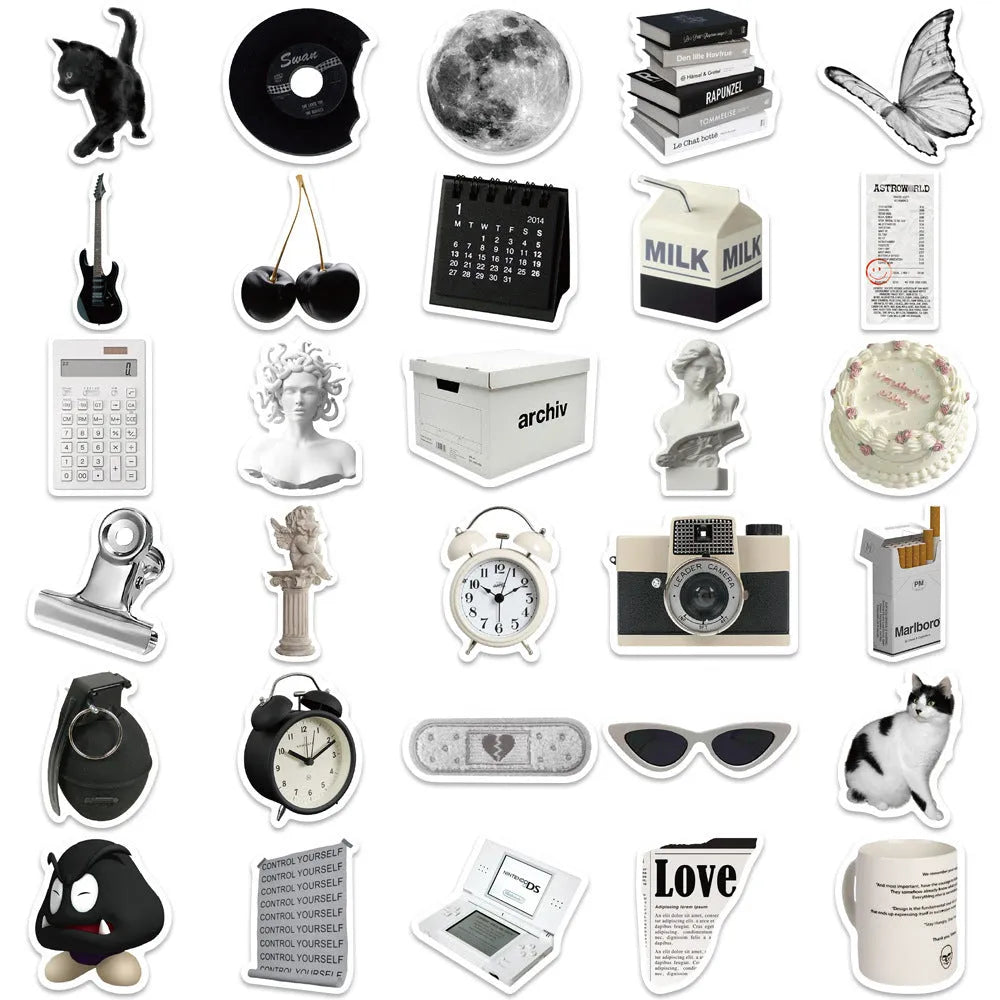 61 black and white waterproof PVC stickers for laptop and phone decoration