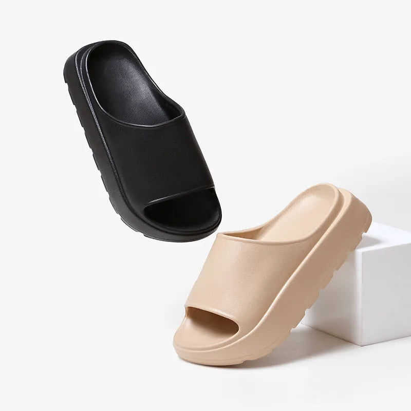 Women's fish mouth slippers with a thick light-coloured sole, shown in a beige colour option.