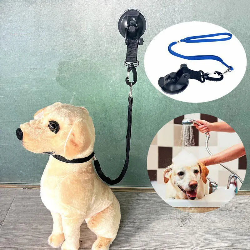 Pet bathing restraint with blue suction cups and traction rope for secure attachment during washing