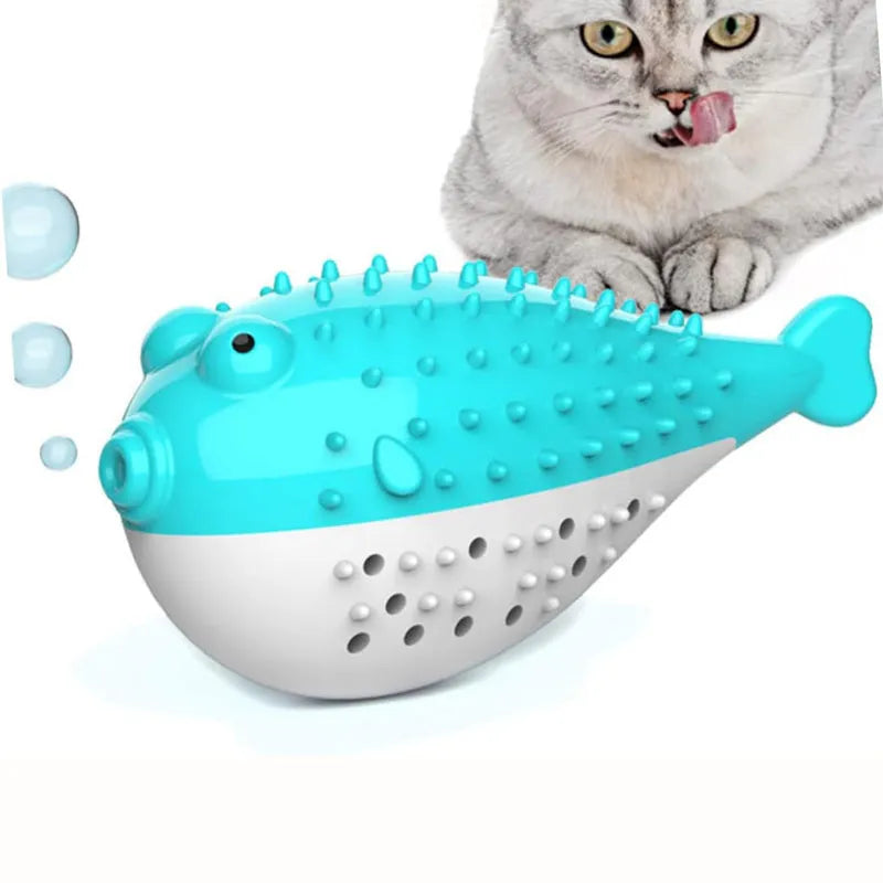 Blue silicone fish-shaped cat chew toy for grabbing and playing