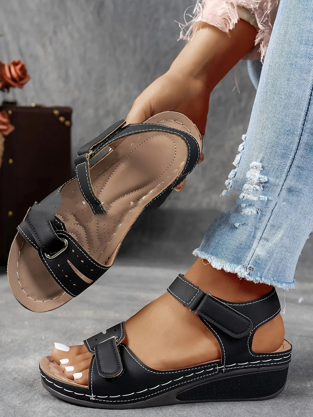 Thick bottom strap sandals with Velcro fastening in multiple colour options