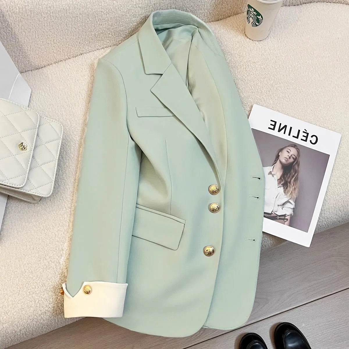 Women's Korean style loose fit polyester coat in milky white with pockets